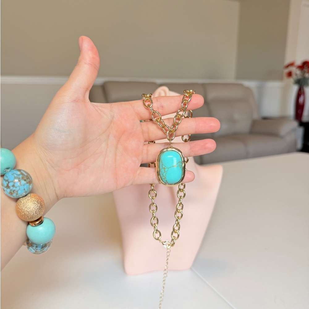 Gold Chain Necklace with Turquoise Pendant - Picture 6 of 10